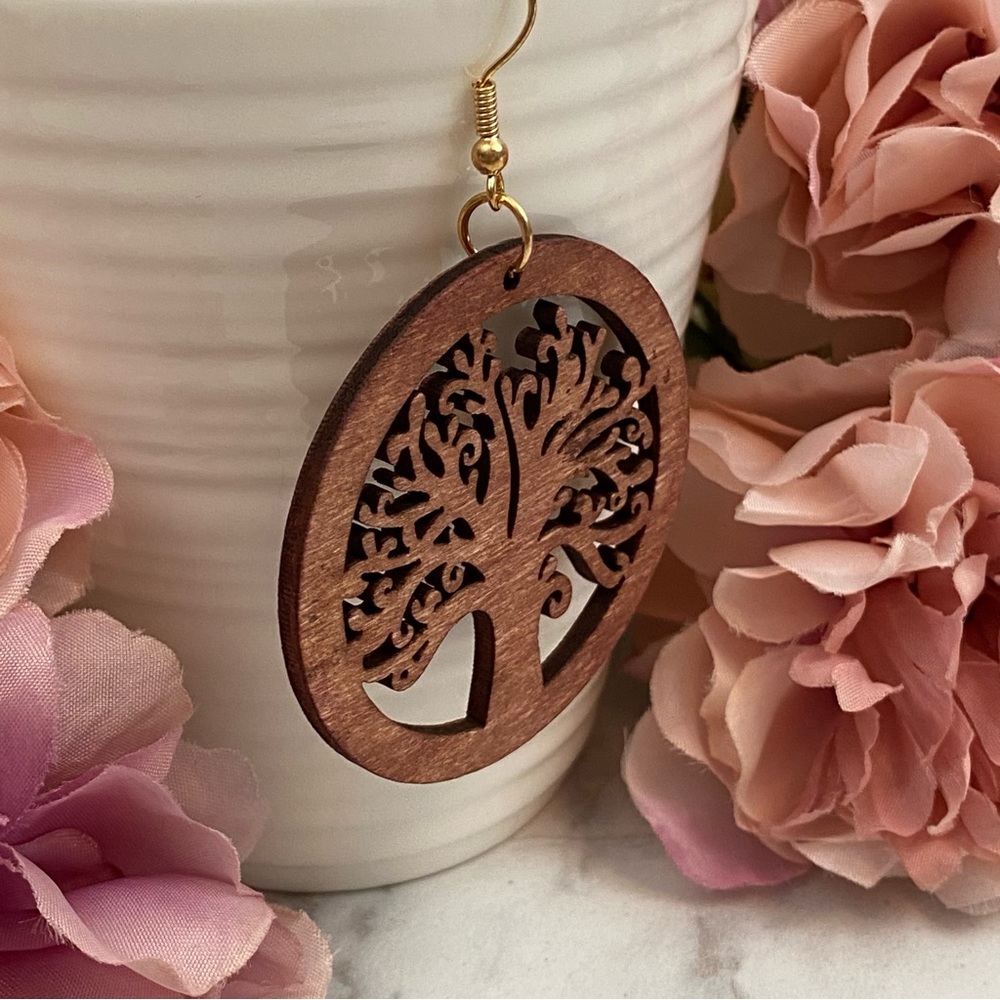 Boho Hand Carved Round Wood Tree of Life Earrings - Picture 5 of 8